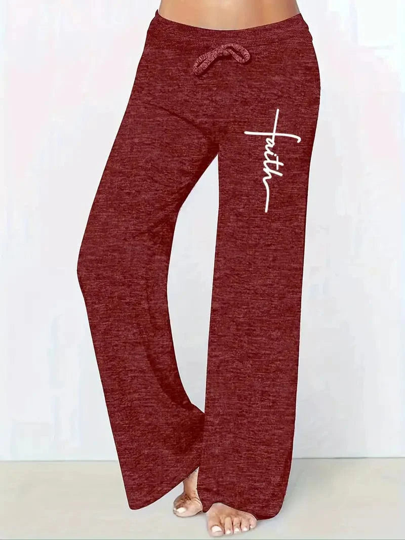 Comfy Drawstring Pants with Faith Cross Print for Women