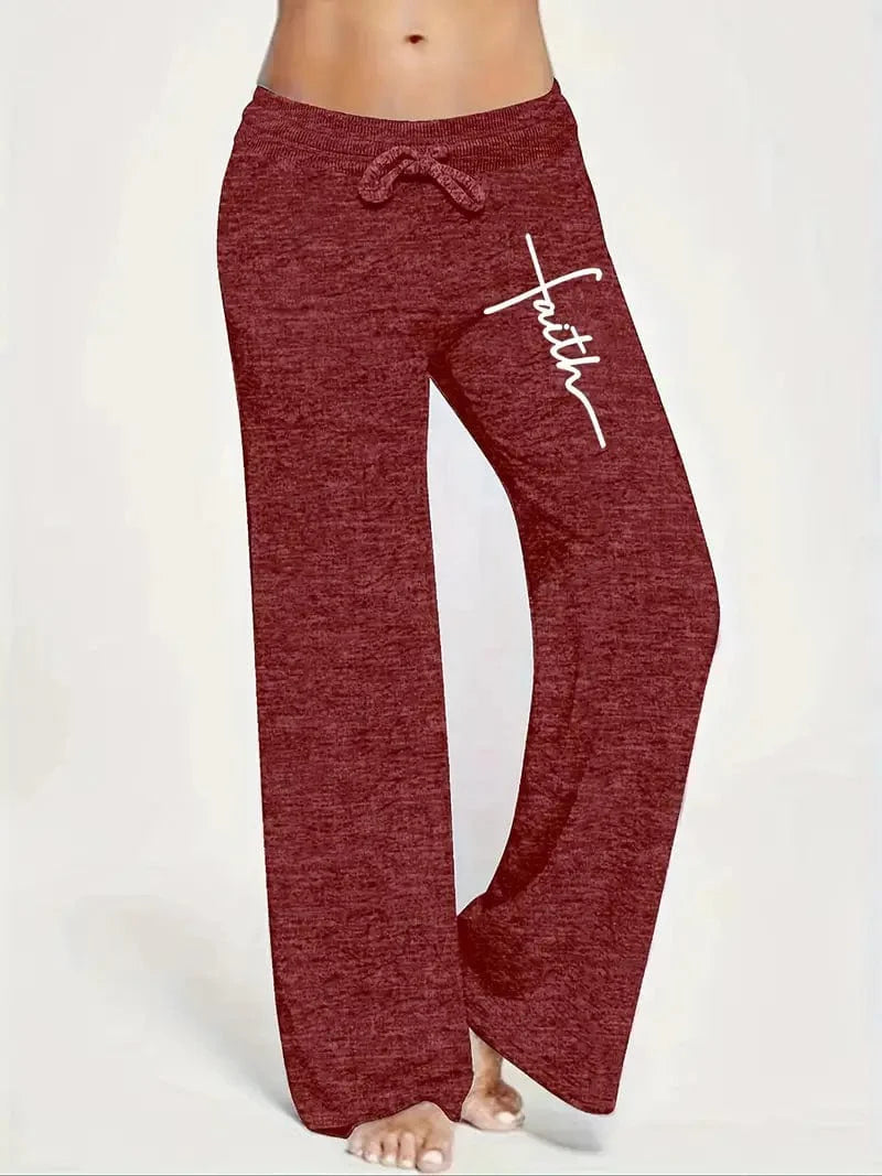 Comfy Drawstring Pants with Faith Cross Print for Women