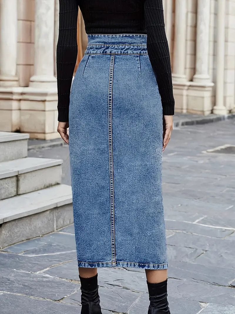 High Waisted Blue Denim Skirt with Slim Fit Split and Slash Pockets, Women's Denim Apparel