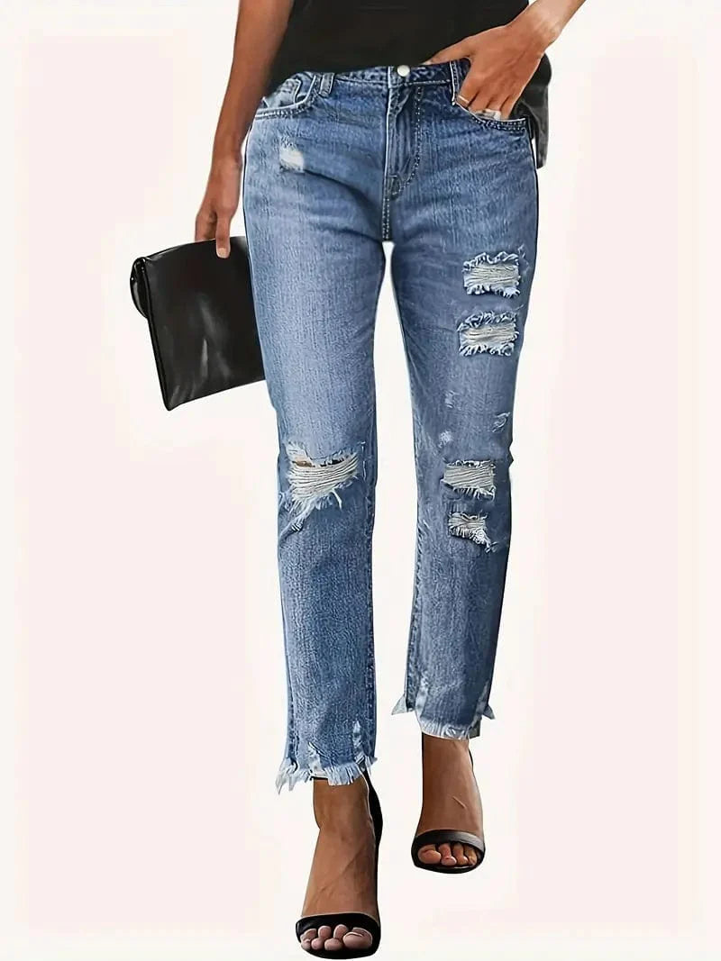 Stylish Blue Distressed Denim Jeans for Women
