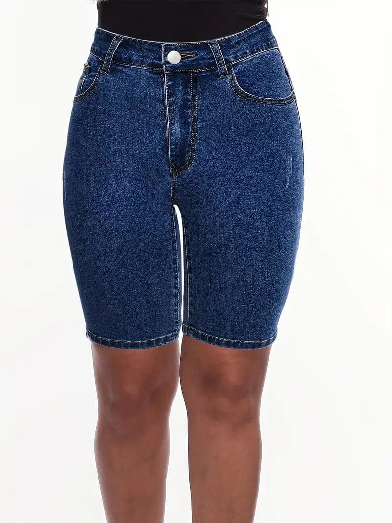 Denim High Waist Shorts in Dark Blue, Slim Fit with High Rise Slash Pockets