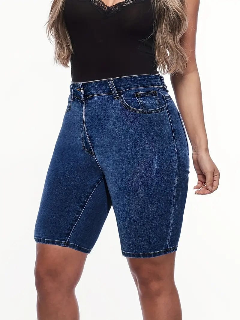 Denim High Waist Shorts in Dark Blue, Slim Fit with High Rise Slash Pockets