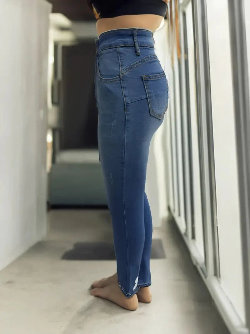 Denim Skinny Jeans with Pearl Embellishments