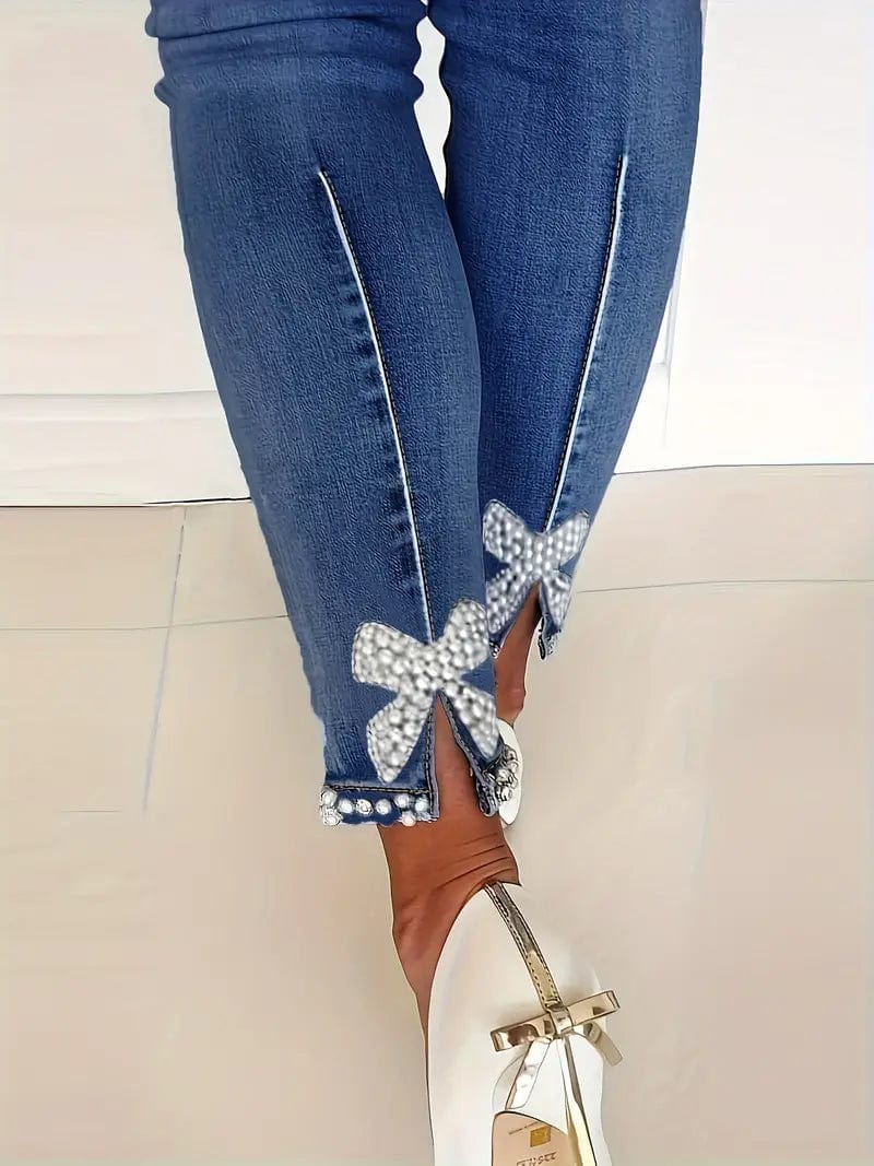 Denim Skinny Jeans with Pearl Embellishments