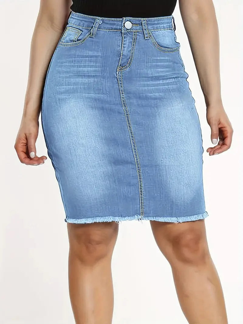 Denim Skirt with Raw Hem and Slim Fit for Women, Blue Slash Pockets Mid-Stretch Style