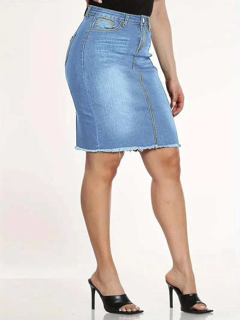 Denim Skirt with Raw Hem and Slim Fit for Women, Blue Slash Pockets Mid-Stretch Style