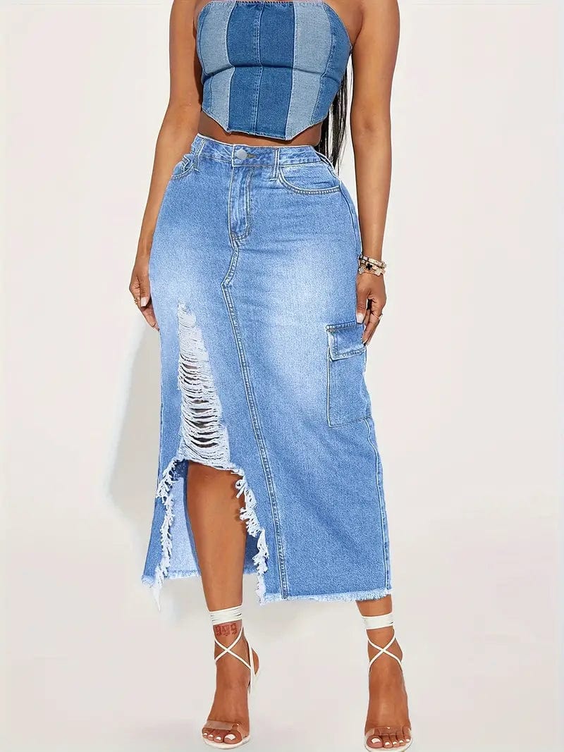 Distressed Blue Denim Maxi Skirt with Slant Pockets and Raw Hem