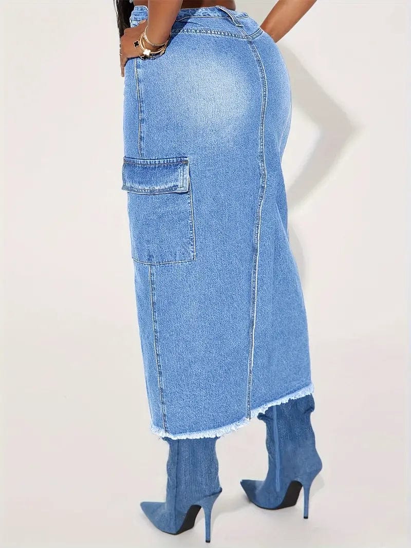 Distressed Blue Denim Maxi Skirt with Slant Pockets and Raw Hem