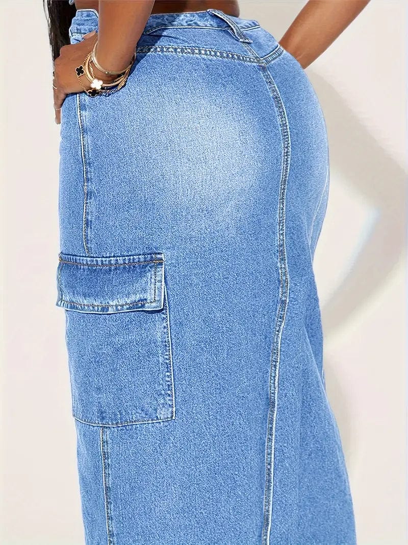 Distressed Blue Denim Maxi Skirt with Slant Pockets and Raw Hem