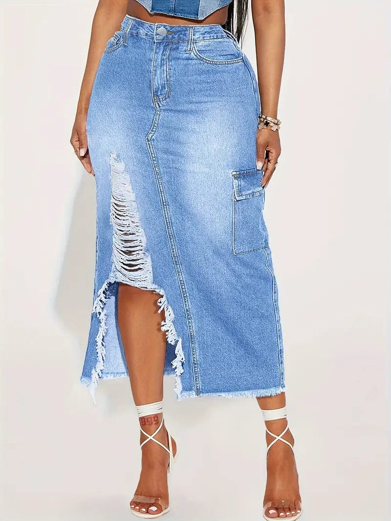Distressed Blue Denim Maxi Skirt with Slant Pockets and Raw Hem