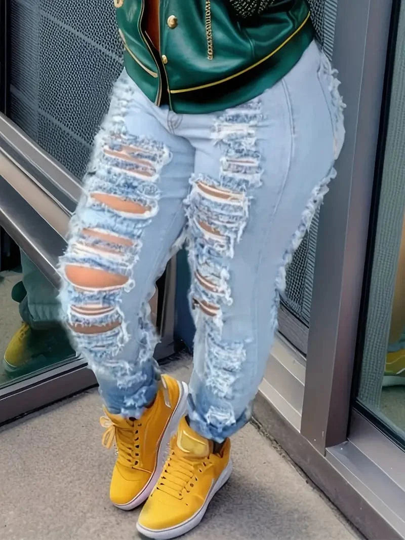 Distressed Blue Skinny Denim Jeans for Women
