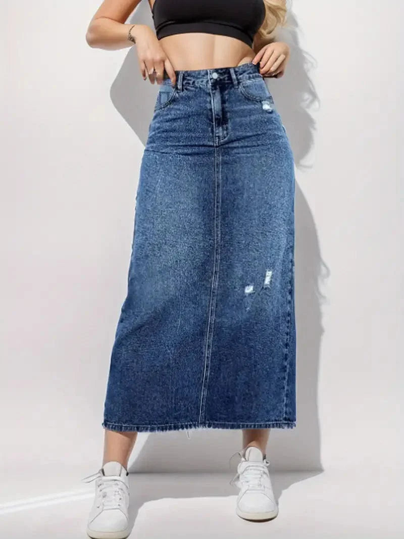 Distressed Denim Midi Skirt with Slant Pockets and High Waist Split Detail