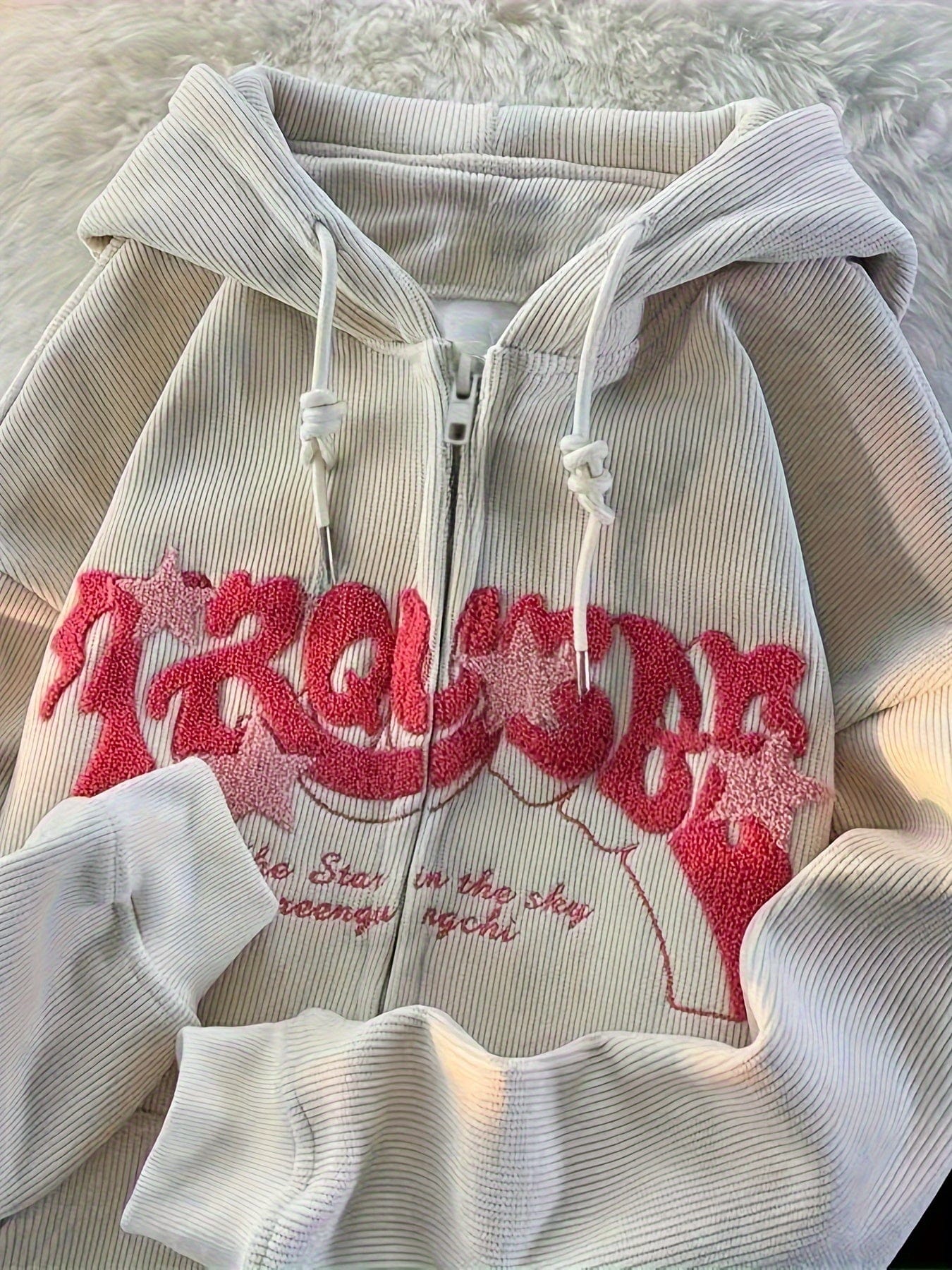 Stylish Zip Up Drawstring Letter Print Slant Pockets Hoodie