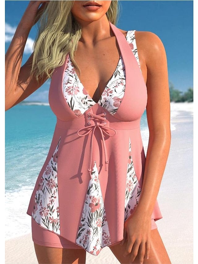 Striped Pink and Navy Blue 2 Piece Tankini Swimsuit for Women