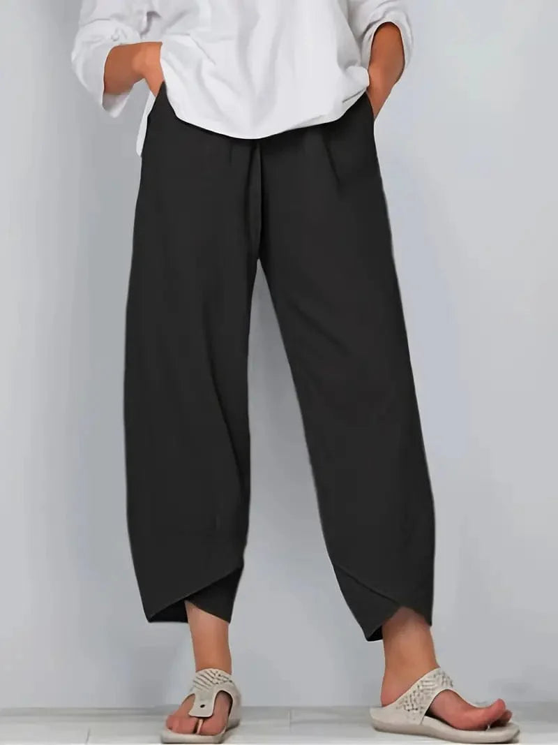 Elastic Cropped Trousers in Solid Color, Comfy Loose Fit for Spring & Summer, Women's Apparel