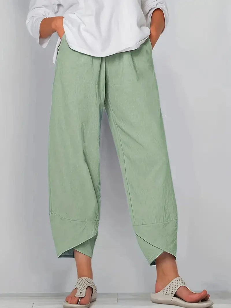 Elastic Cropped Trousers in Solid Color, Comfy Loose Fit for Spring & Summer, Women's Apparel