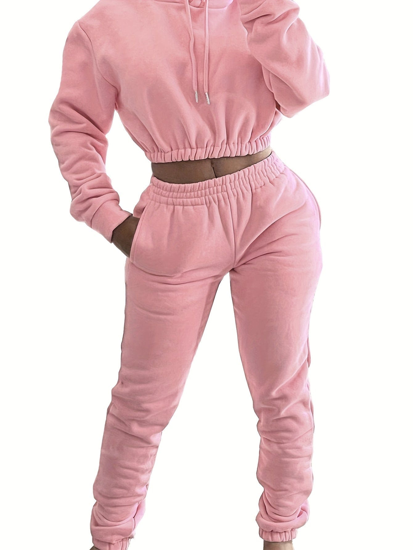 Elastic Hem Fleece Lining Drawstring Hoodie & Jogging Pants Two-Piece Set