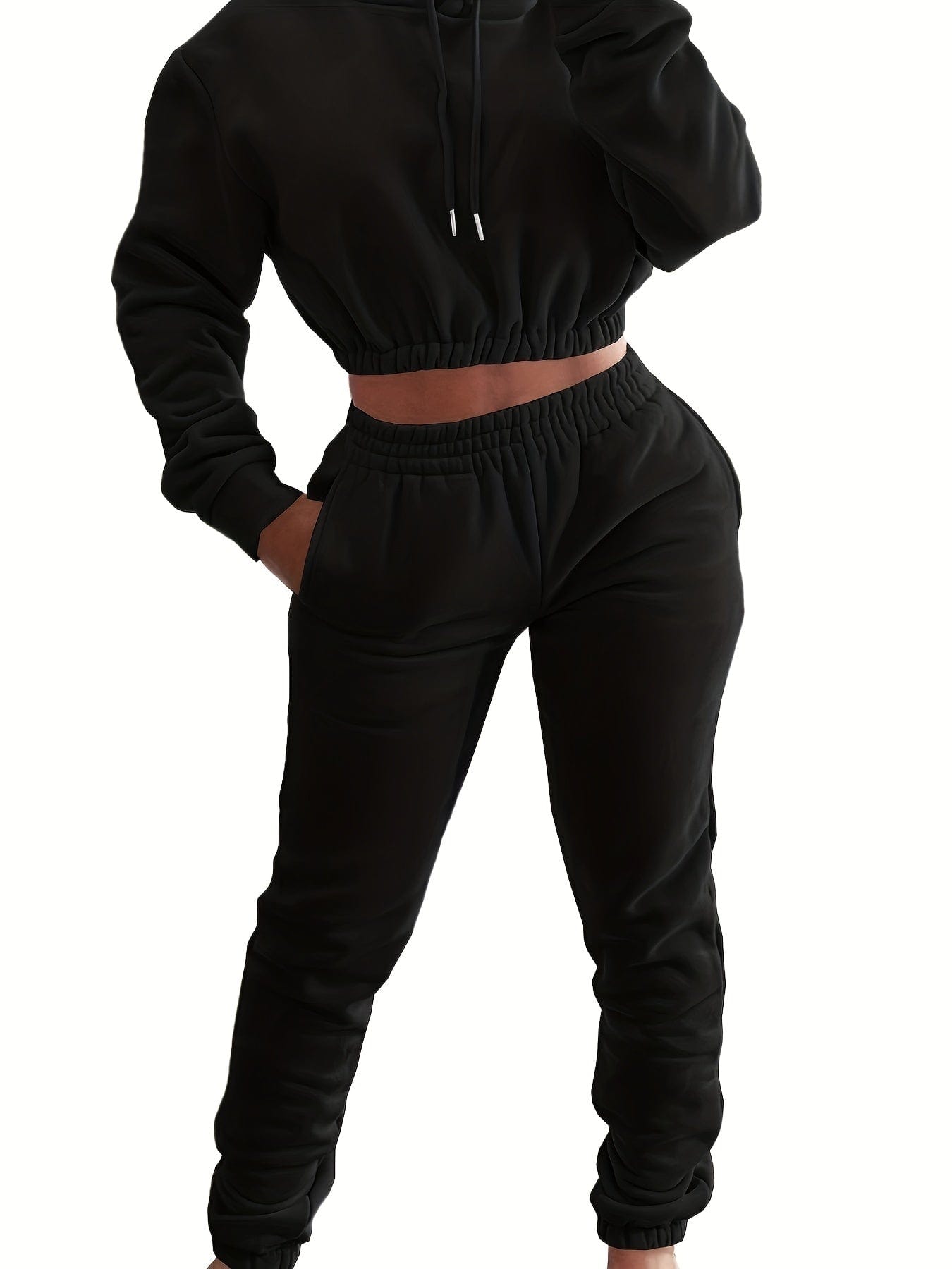 Elastic Hem Fleece Lining Drawstring Hoodie & Jogging Pants Two-Piece Set