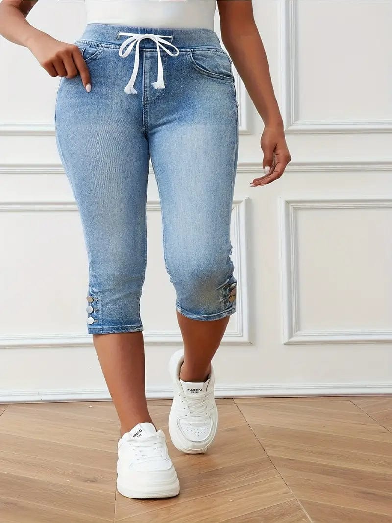 Elastic Waist Capri Denim Pants with Drawstring: Slim Fit High Stretch Jeans for Women