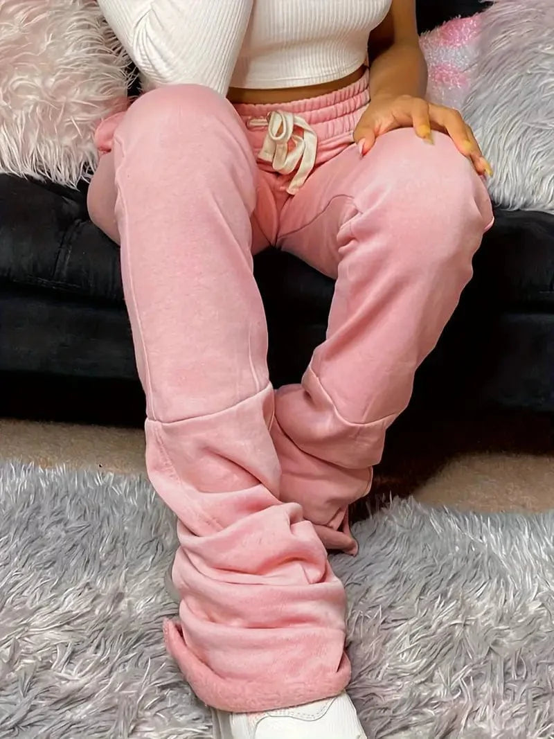 Elastic Waist Drawstring Pants for Women, Cozy Loose Fit Stretchy Trousers for Autumn & Winter