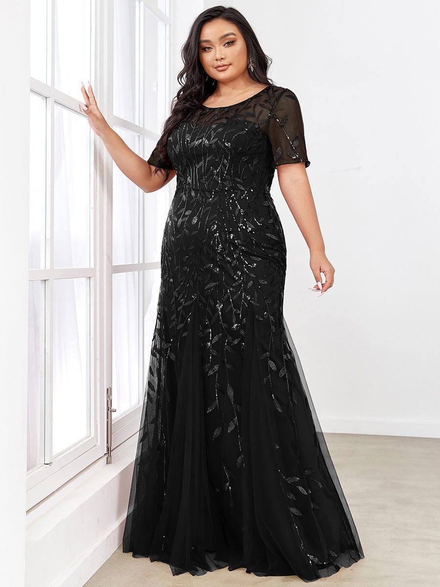 Shimmery Sequin Floral Fishtail Tulle Dress for Plus Size Beauty