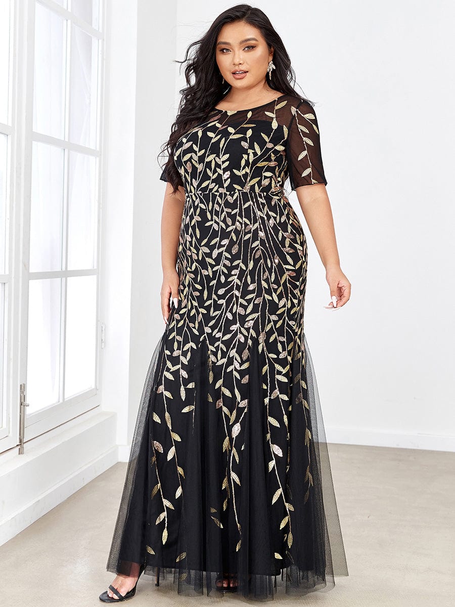 Shimmery Sequin Floral Fishtail Tulle Dress for Plus Size Beauty