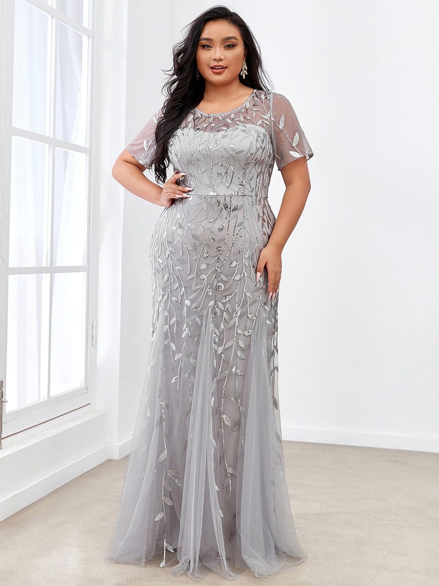 Shimmery Sequin Floral Fishtail Tulle Dress for Plus Size Beauty