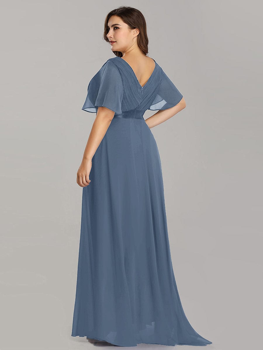 Flutter Sleeve Double V-Neck Plus Size Evening Gown with Ruffled Empire Waist