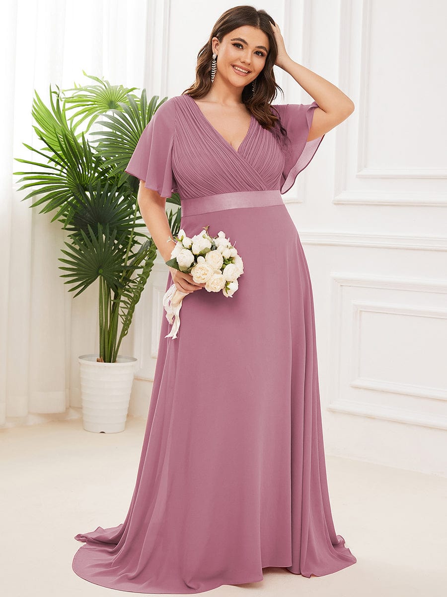 Flutter Sleeve Double V-Neck Plus Size Evening Gown with Ruffled Empire Waist