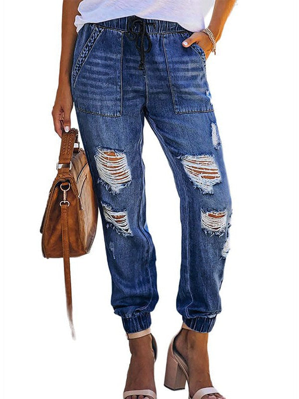 Fashionable and Stylish Denim Harem Jeans with Ripped Legs for Women