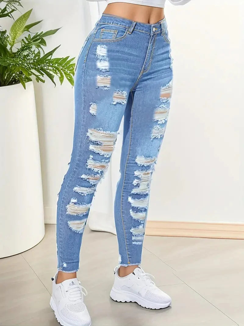 Frayed Ripped Distressed Slim Fit Jeans, Raw Edge Stretchy Casual Pencil Denim Pants – Women's Denim Apparel