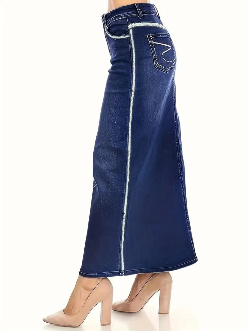 High Waist Blue Denim Midi Skirt with Slant Pockets for Women