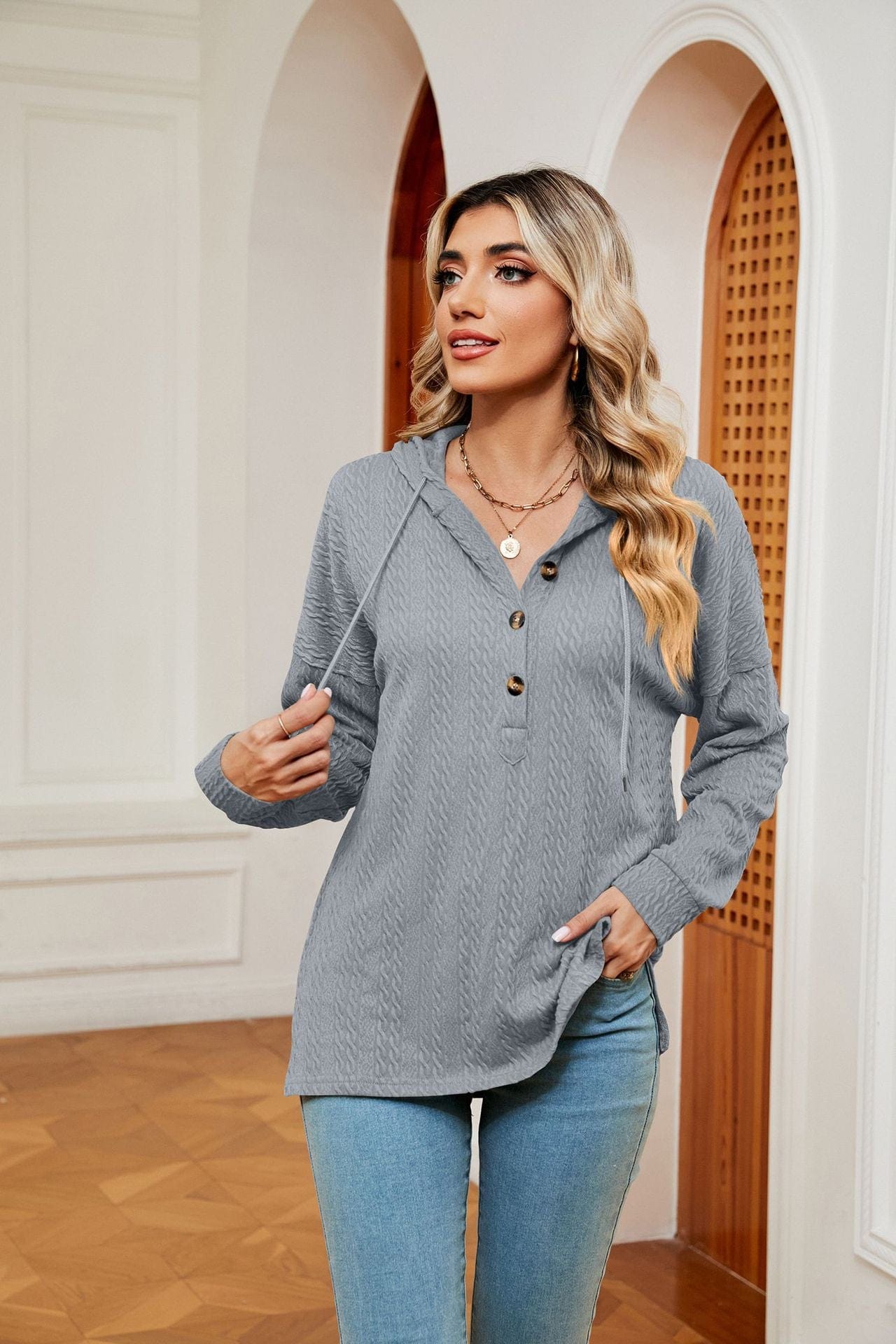 Hooded drawstring buttoned long-sleeved loose sweatshirt jacket