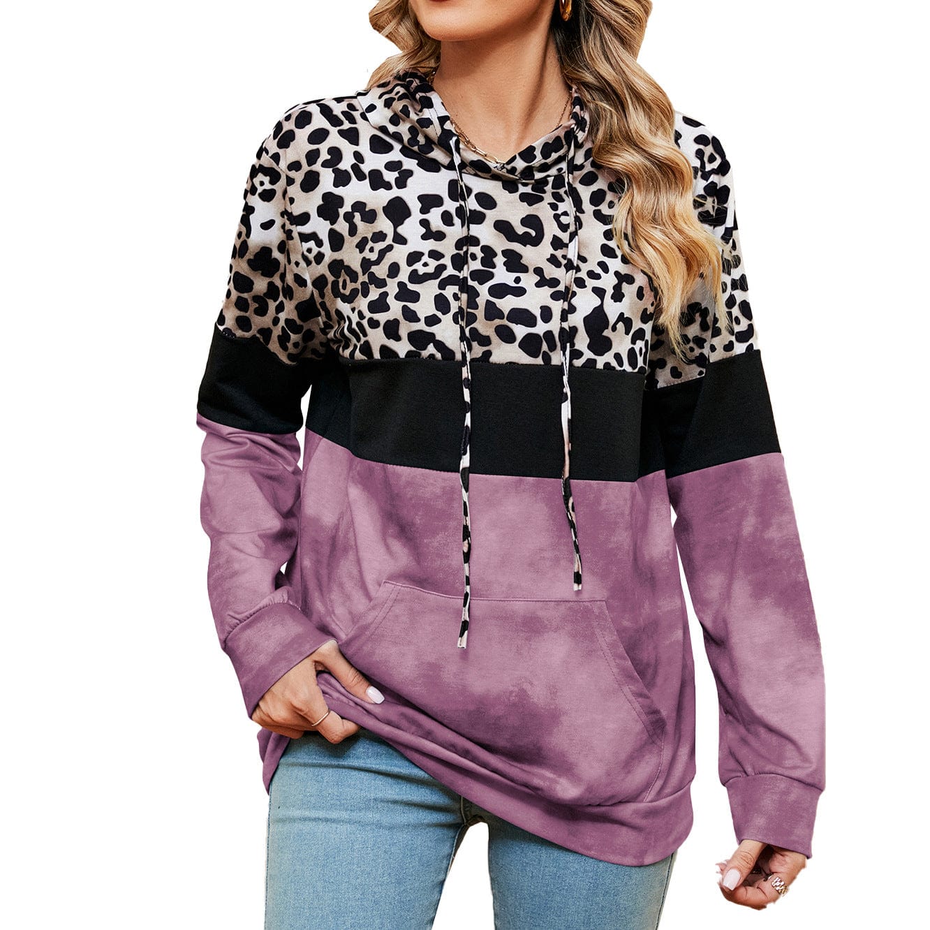 Hooded patchwork printed long-sleeved loose sweatshirt