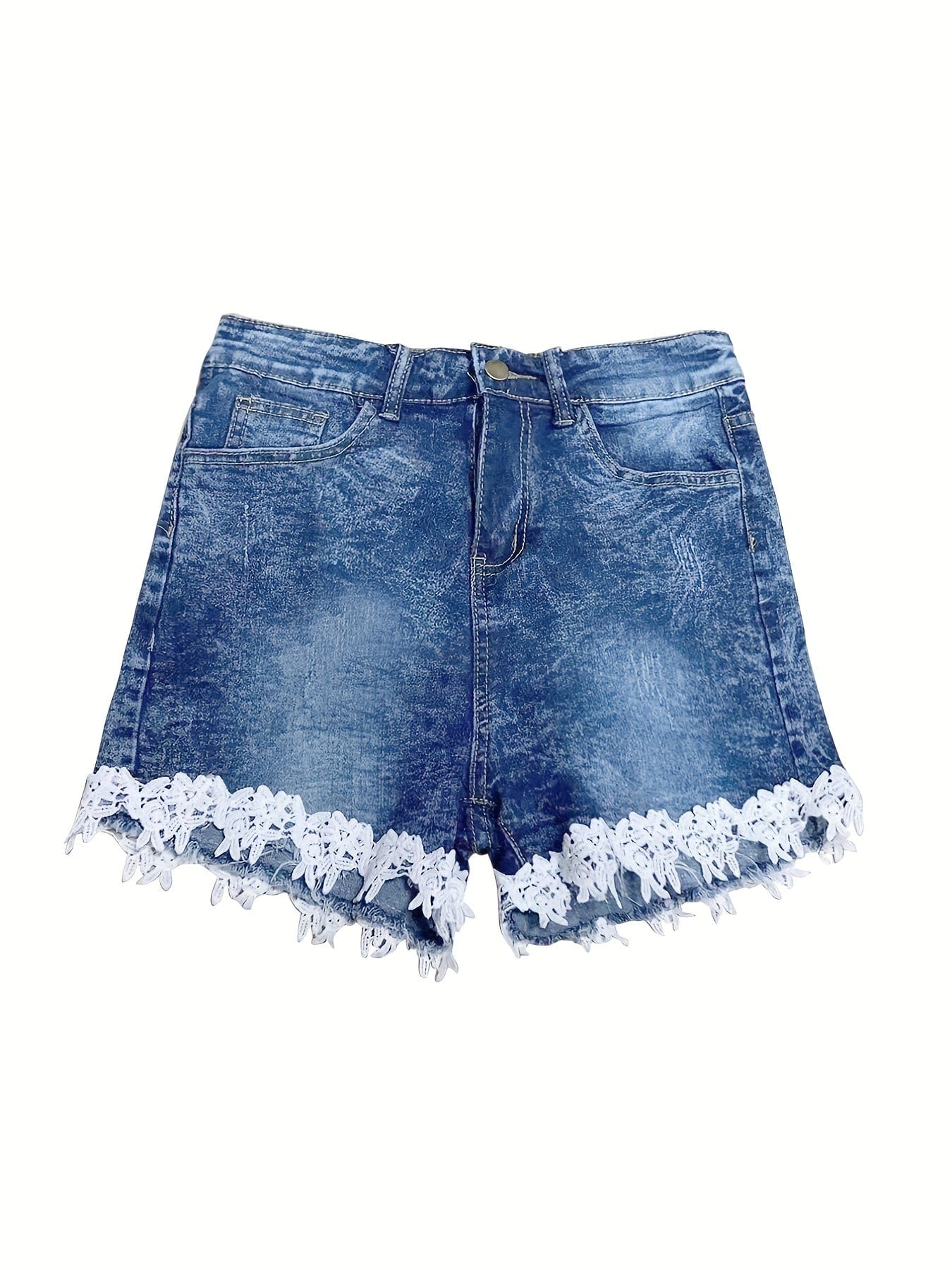 Casual Lace Hem Stretchy Slash Pockets Denim Shorts