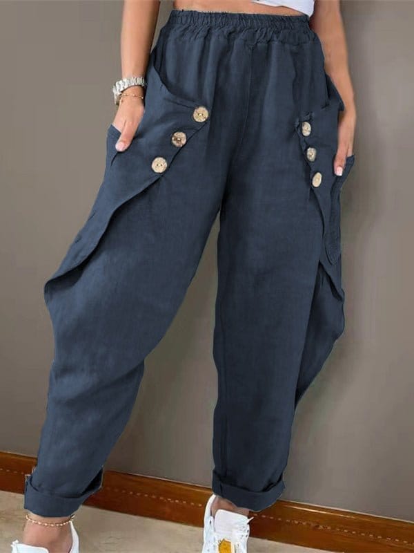 Casual Pocket Button Elastic Waist Pant