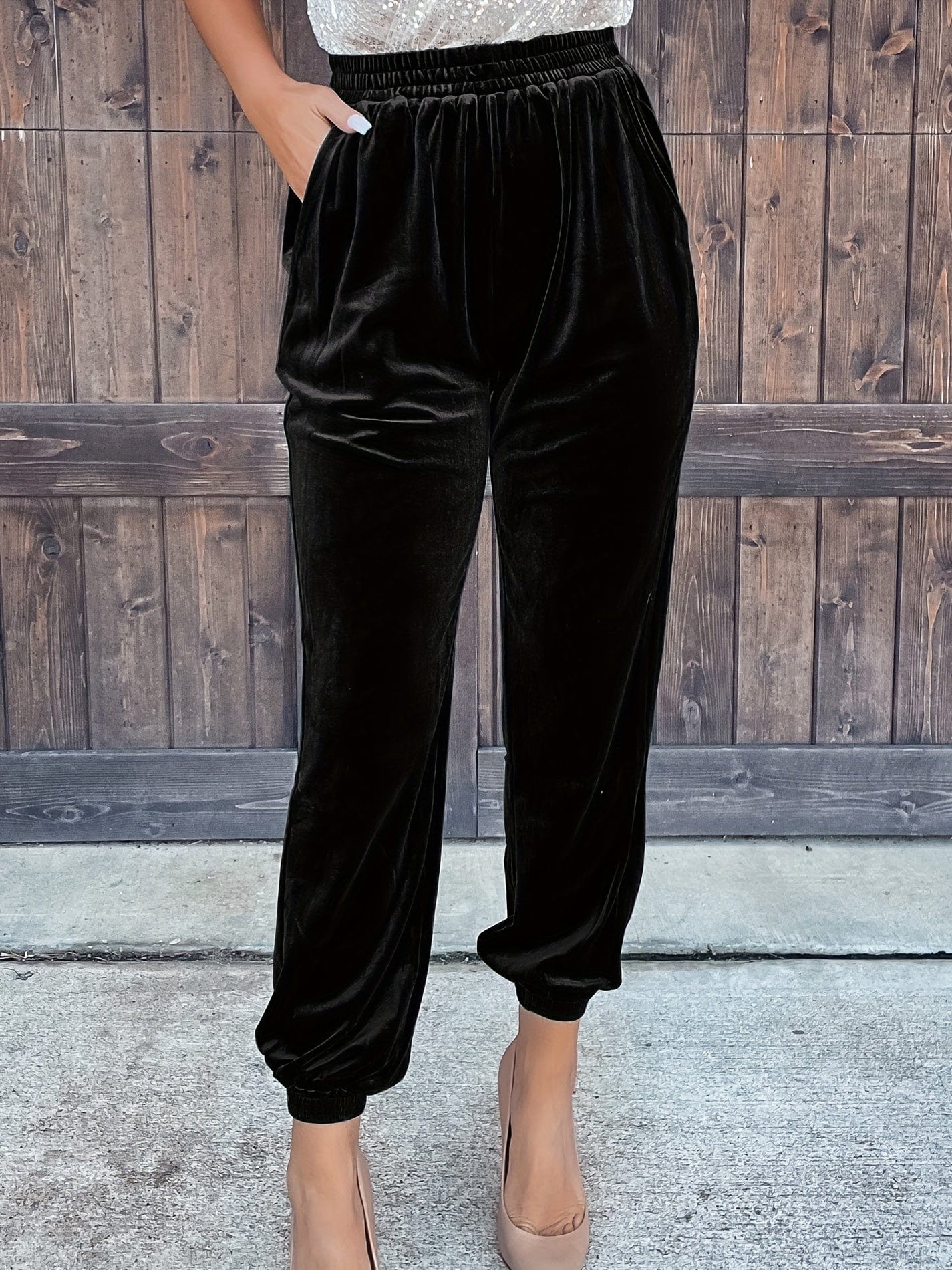 Casual Solid Elastic Waist Slant Pockets Pants
