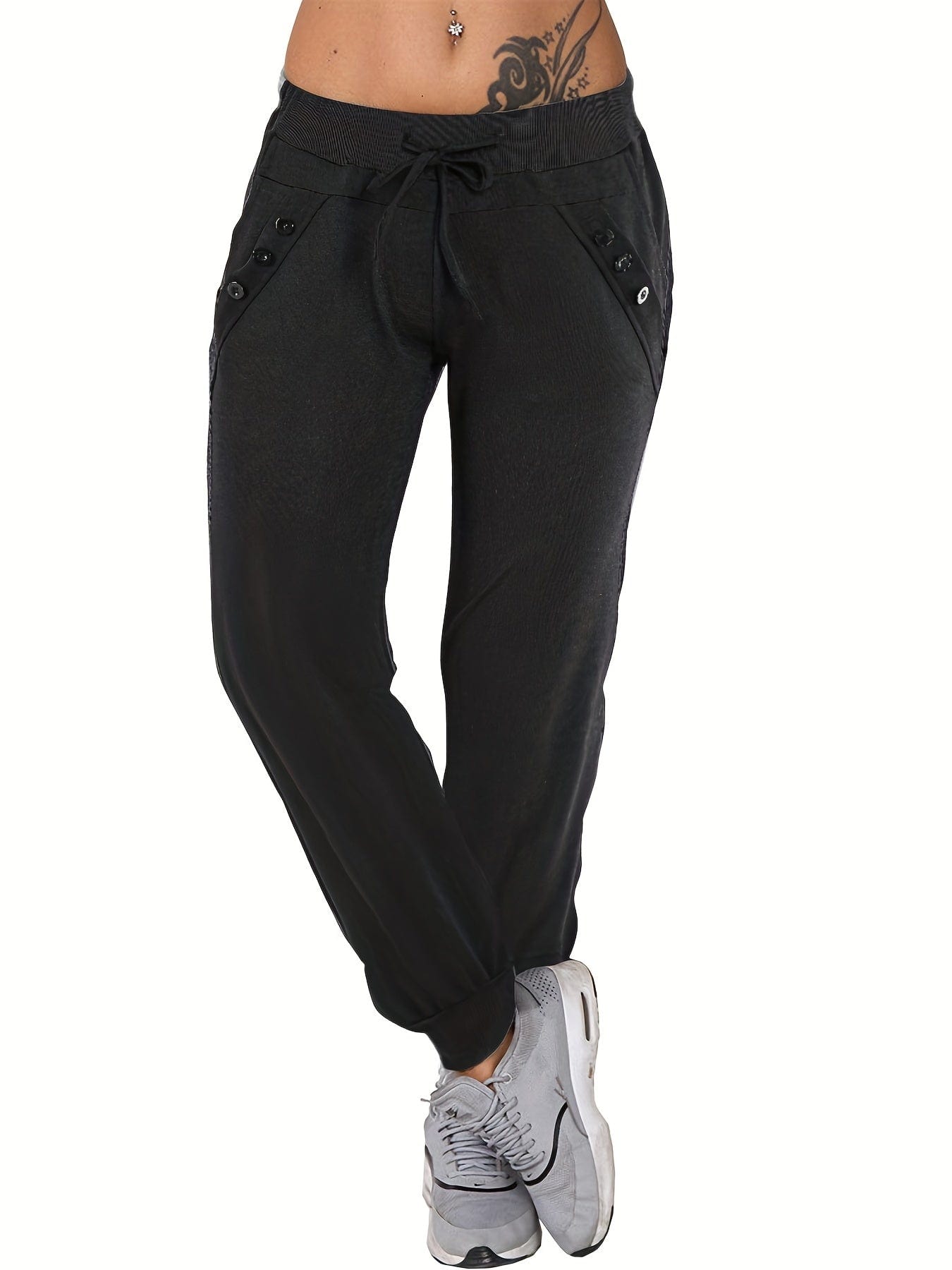 Casual Versatile Solid Tie Waist Pockets Pants