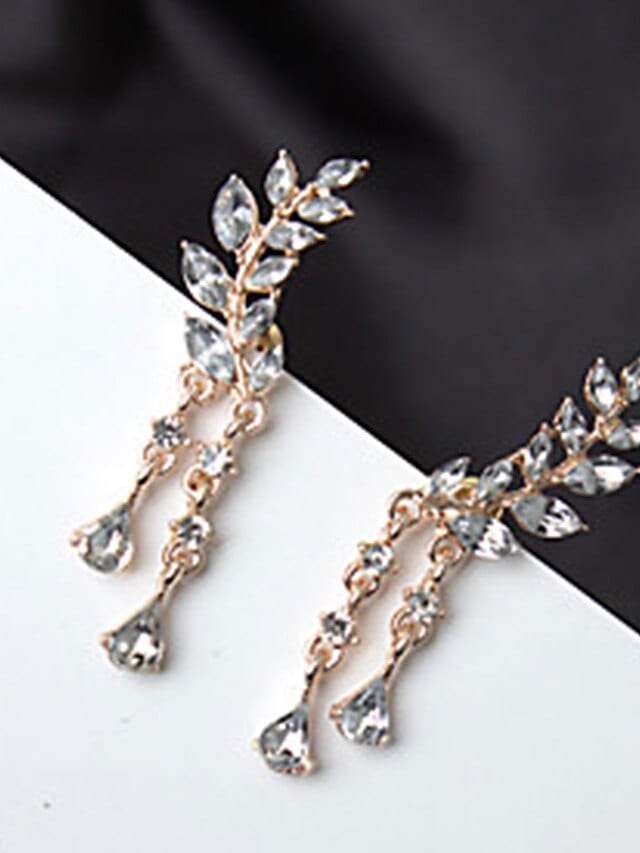 Leaf Design Women's Earrings with Cubic Zirconia Gemstones and Tassel Accent