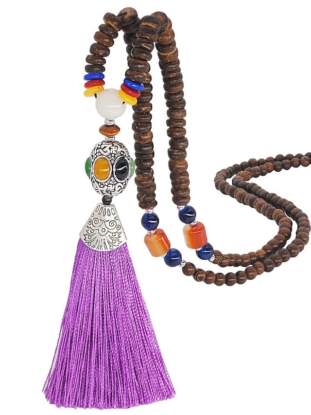 Women's Exquisite Wooden and Resin Pendant Necklace with Tassel Detail