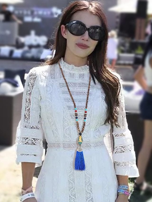 Women's Exquisite Wooden and Resin Pendant Necklace with Tassel Detail