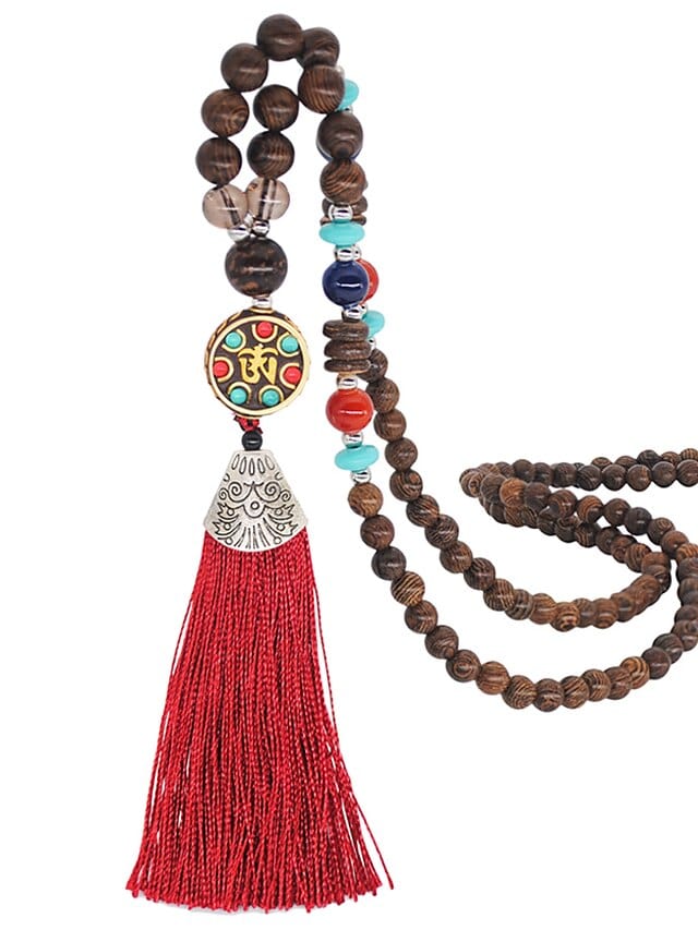 Women's Exquisite Wooden and Resin Pendant Necklace with Tassel Detail