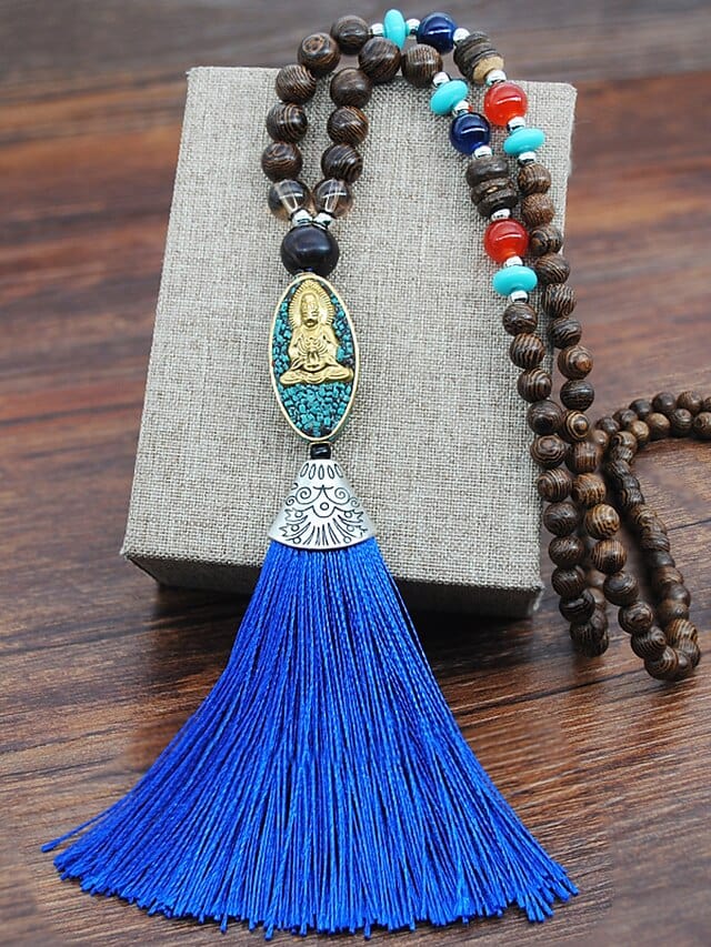 Women's Exquisite Wooden and Resin Pendant Necklace with Tassel Detail
