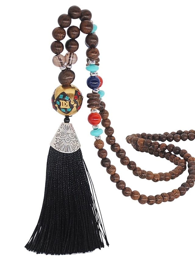 Women's Exquisite Wooden and Resin Pendant Necklace with Tassel Detail