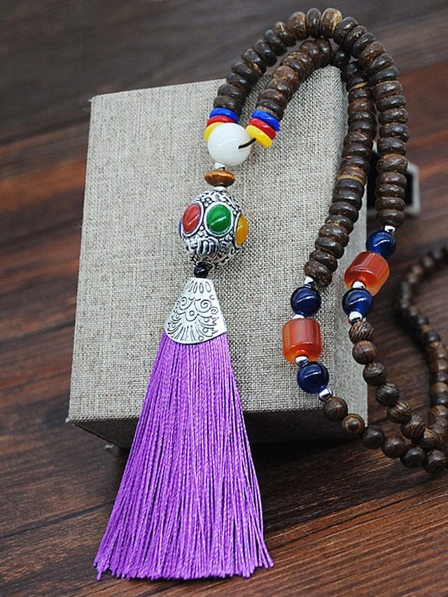 Women's Exquisite Wooden and Resin Pendant Necklace with Tassel Detail