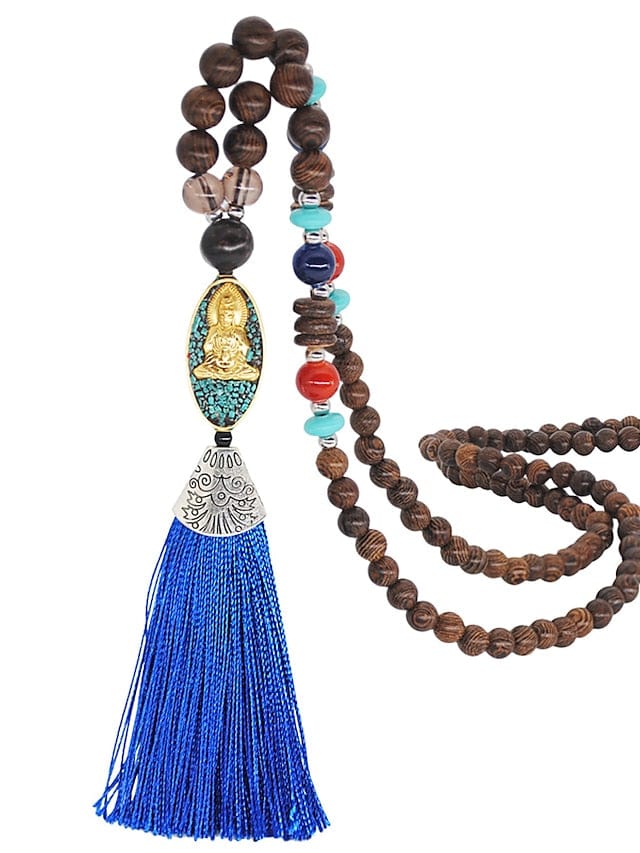 Women's Exquisite Wooden and Resin Pendant Necklace with Tassel Detail