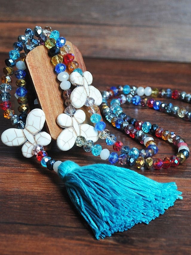 Long Butterfly Pendant Necklace with Stone Beads for Women