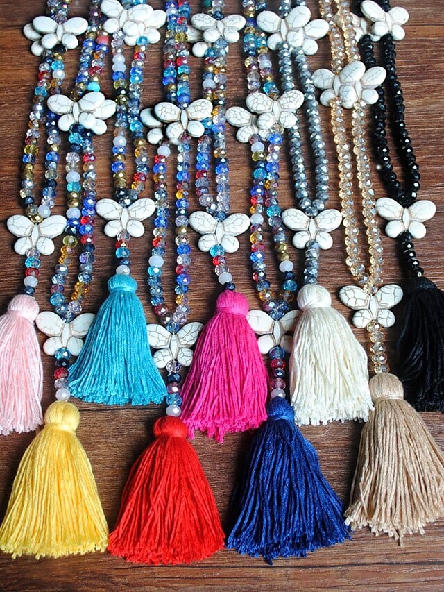 Long Butterfly Pendant Necklace with Stone Beads for Women