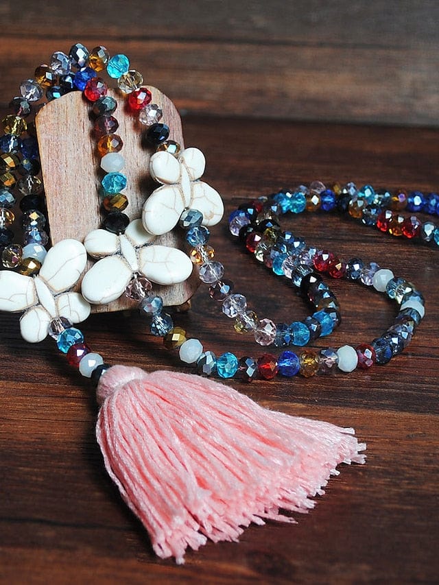 Long Butterfly Pendant Necklace with Stone Beads for Women