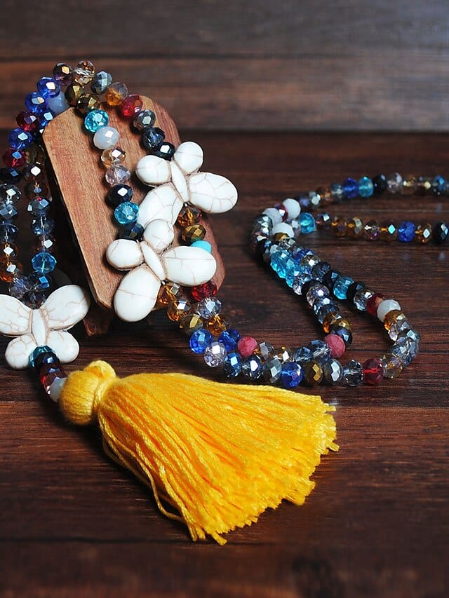 Long Butterfly Pendant Necklace with Stone Beads for Women